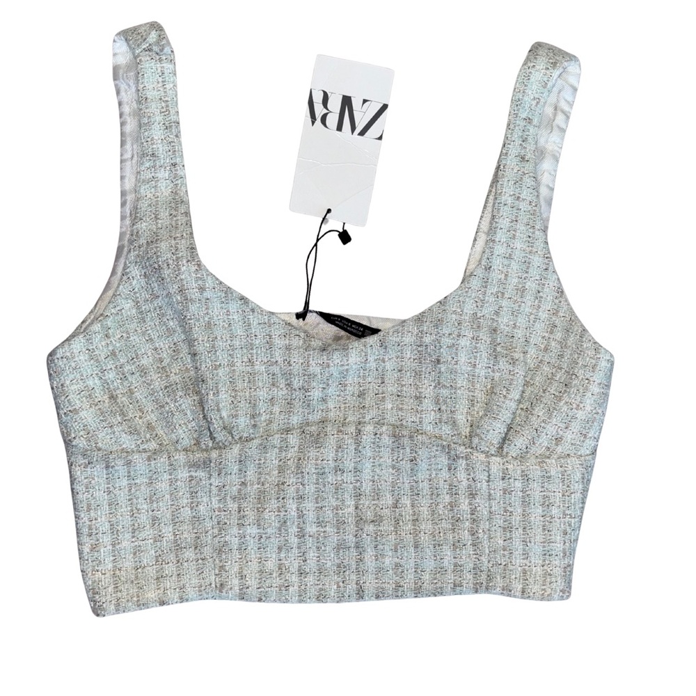 Zara Blue Gray Textured Coquette Crop Top NWT Size S